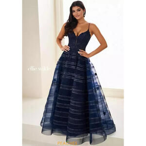 $800 Ellie Wilde EW37097 Navy Blue Lace & Tulle A-Line Prom Ball Gown sz 4 Gala